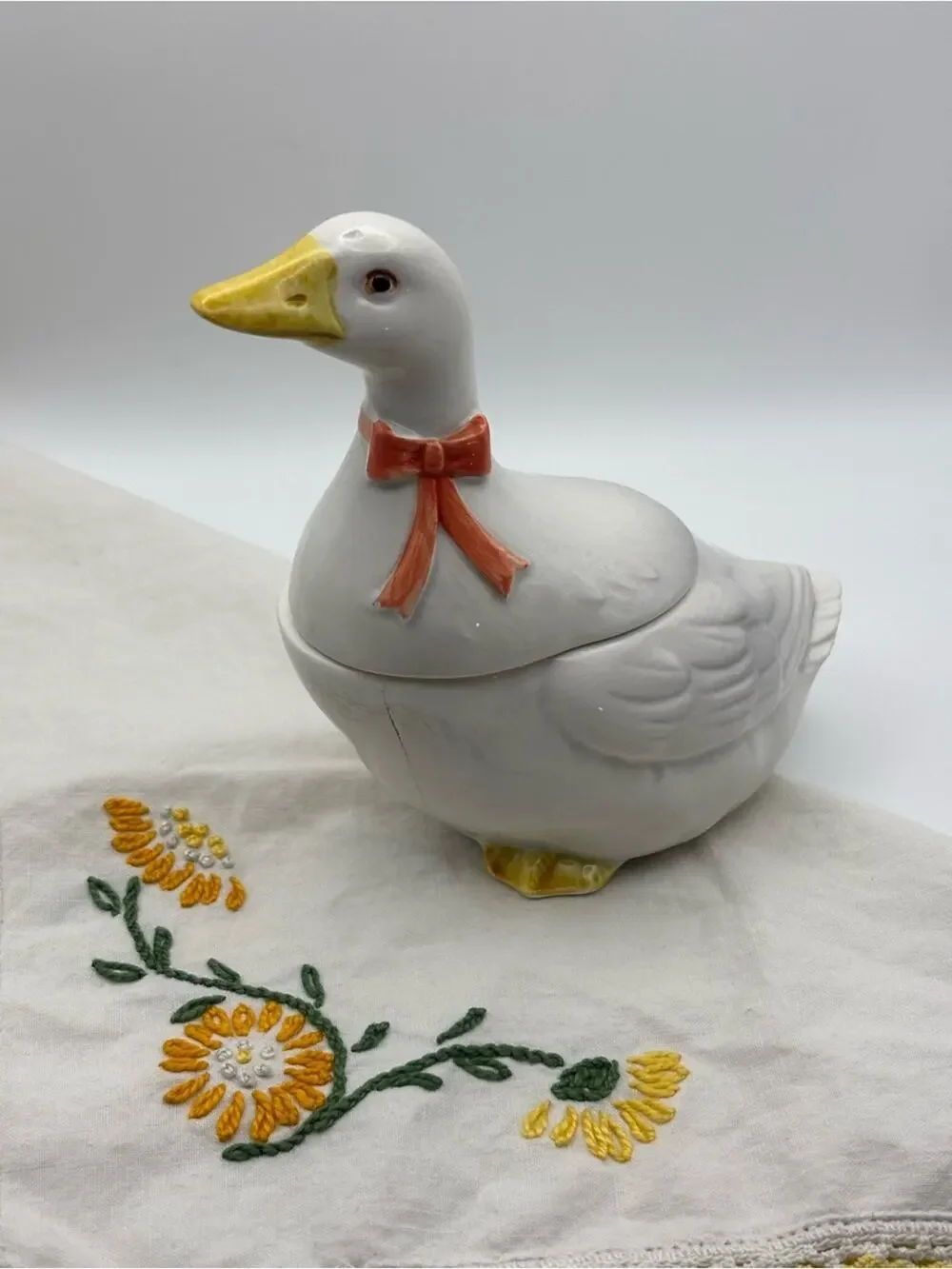 Vintage Otagiri Japan Ceramic White Goose Sugar Bowl with Orange Bow Collar